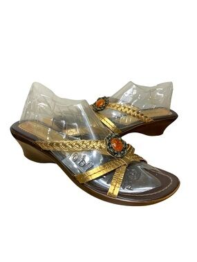 Geox Gold Braided Wedge Slide Sandals with Orange Jewel